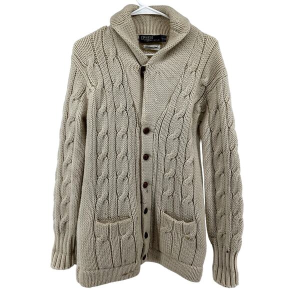 VTG Polo Ralph Lauren Cable Knit Cardigan 80s Shawl Pocket 100% Wool Cream 40 L - Picture 1 of 6
